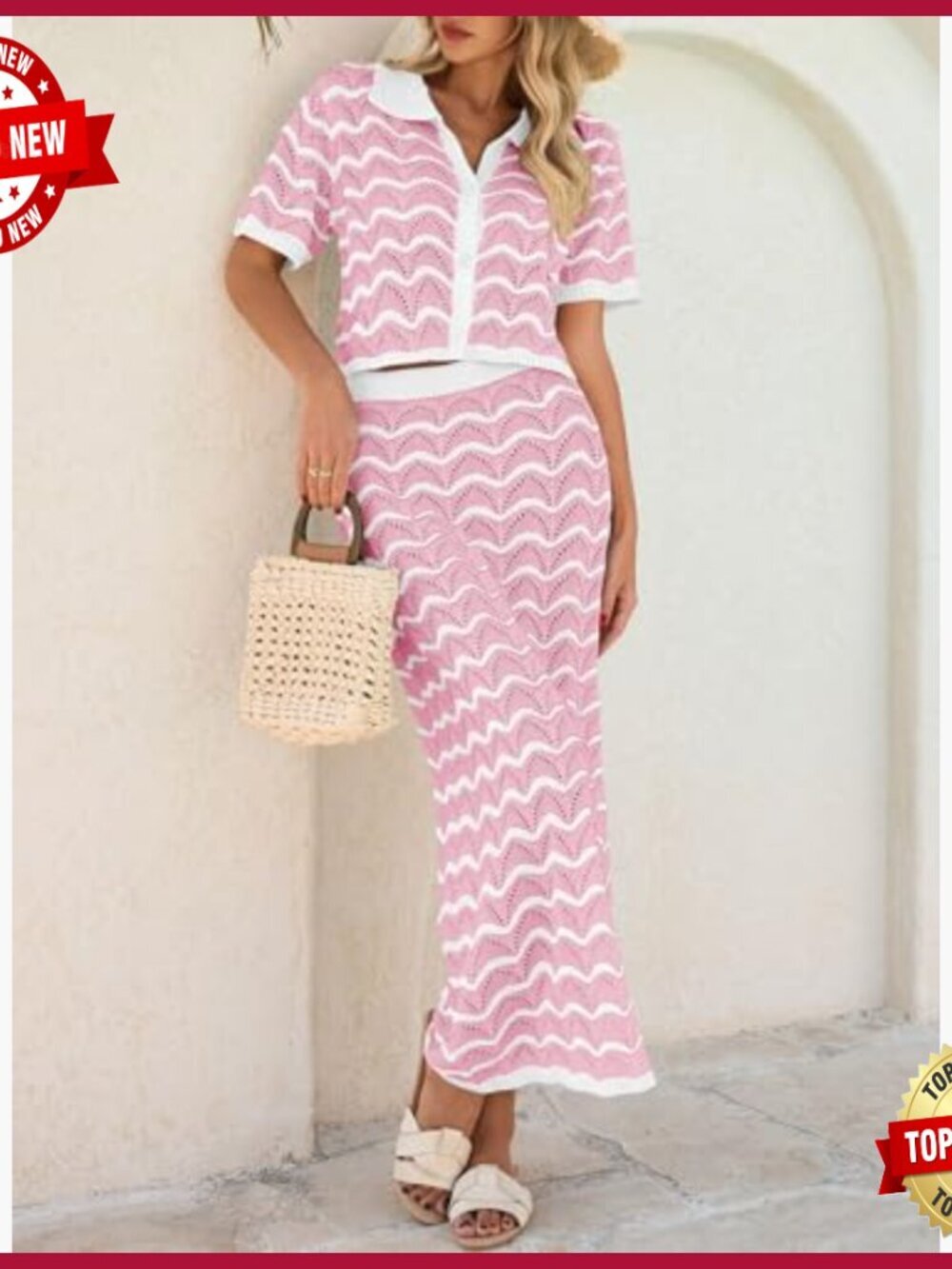 Striped Crochet Cover Up Set, Crop Top Maxi Skirt, Beachwear Outfit - Picture 2 of 7